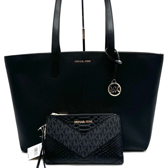 Michael Kors Medium Jet Set Travel Zip Tote Bag & Continental Wallet Black/Gold - Picture 1 of 13